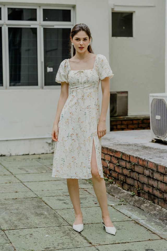 Cynthia Blossom Ribbon Midi Dress In Cream (XS)