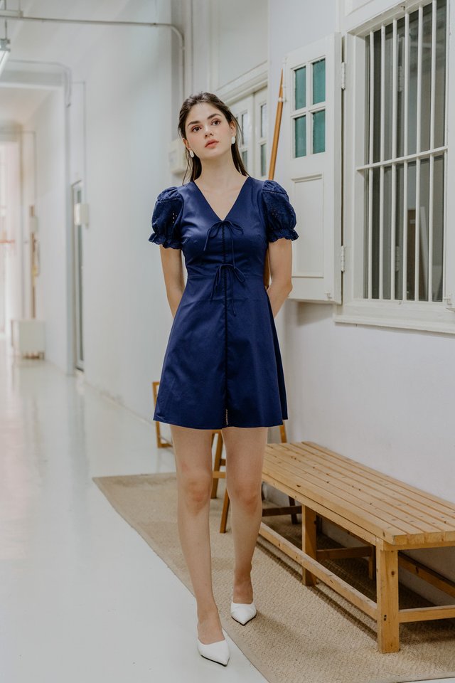 Rhea Eyelet Ribbon Dress In Navy