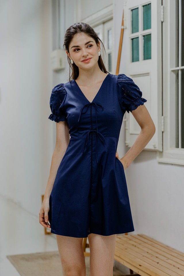 Rhea Eyelet Ribbon Dress In Navy