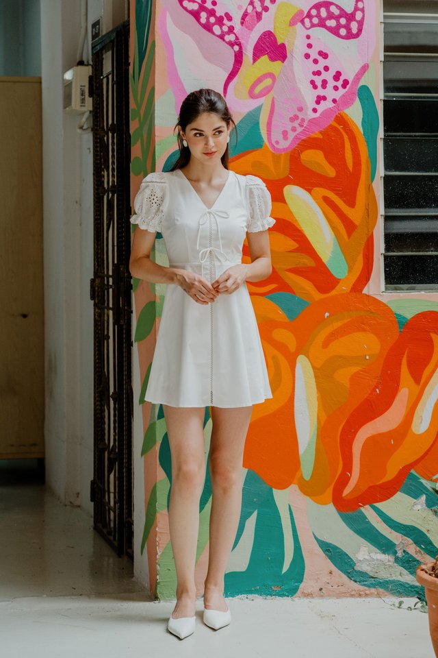 Rhea Eyelet Ribbon Dress In White