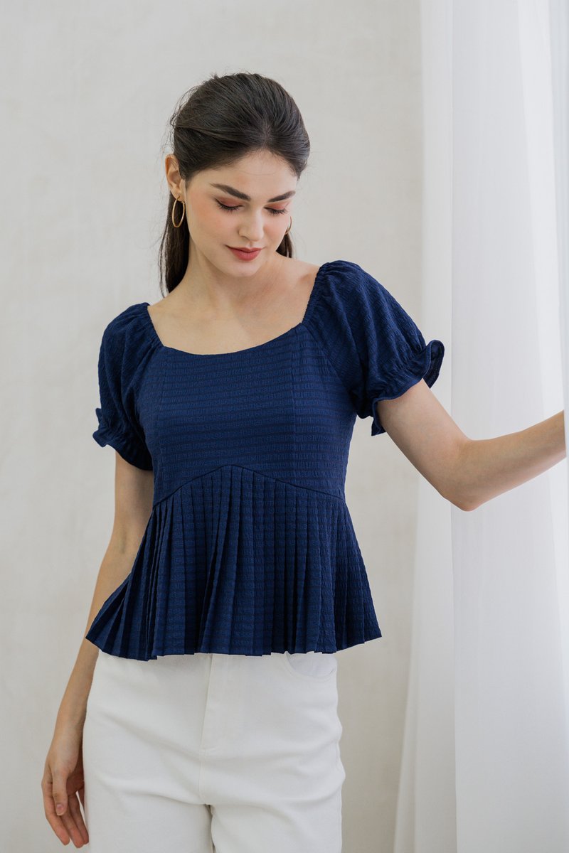 Luciana Textured Pleated Top in Navy (XS)