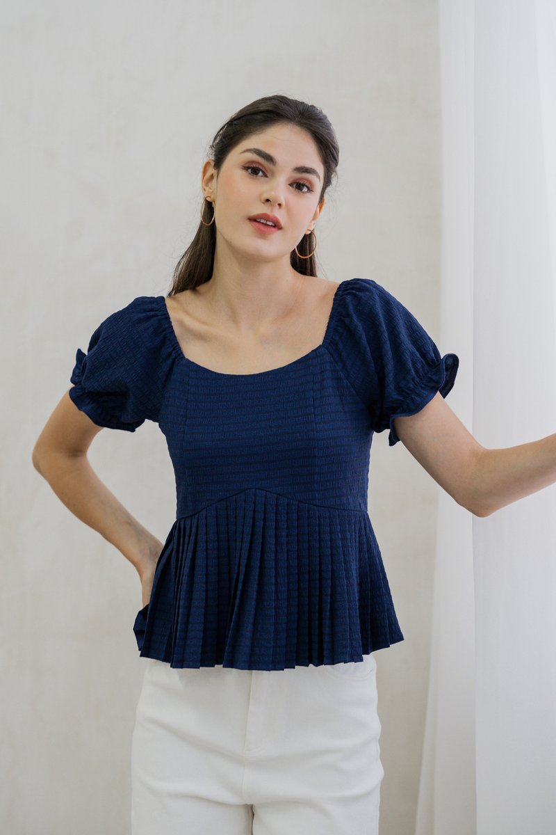 Luciana Textured Pleated Top in Navy (XS)