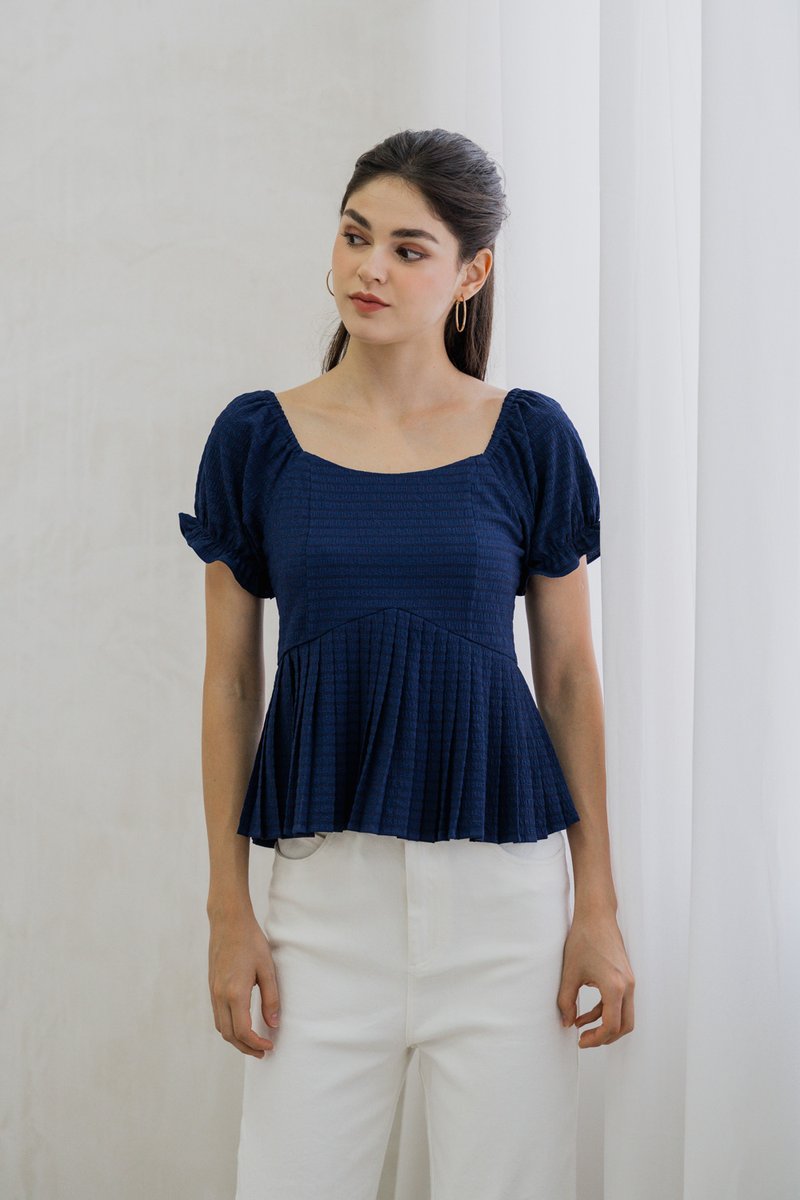 Luciana Textured Pleated Top in Navy (XS)