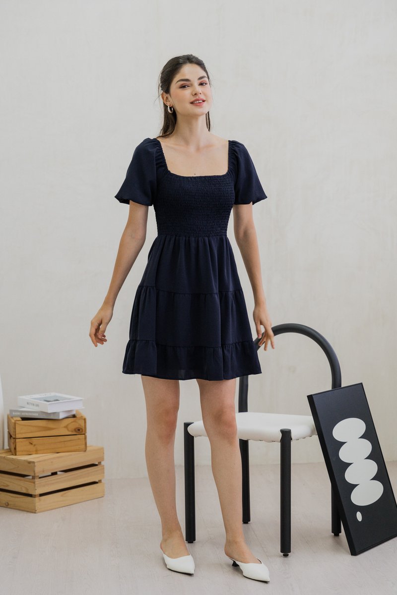 Sersha Smocked Tier Dress In Navy (XS)