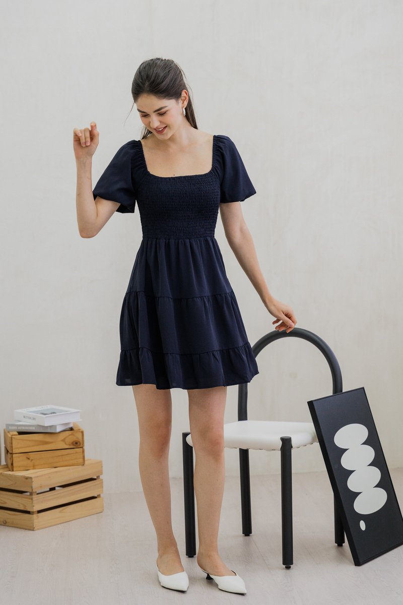 Sersha Smocked Tier Dress In Navy (XS)