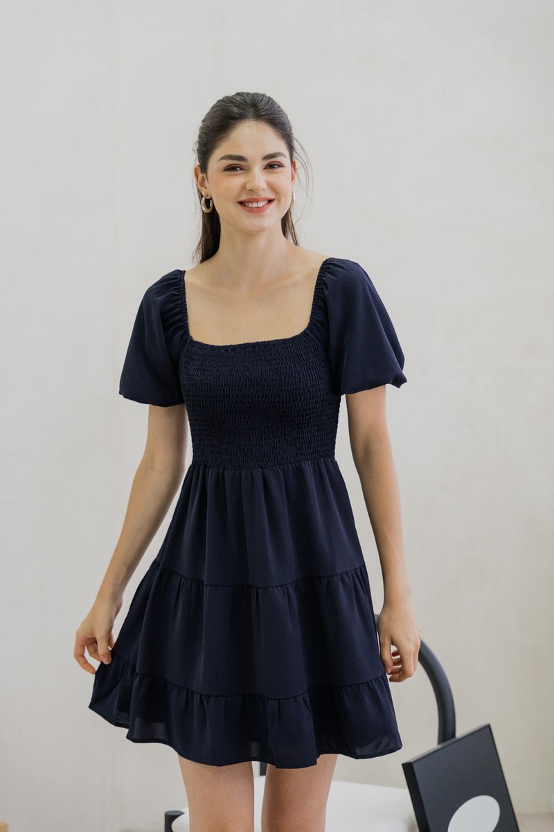 Sersha Smocked Tier Dress In Navy (XS)