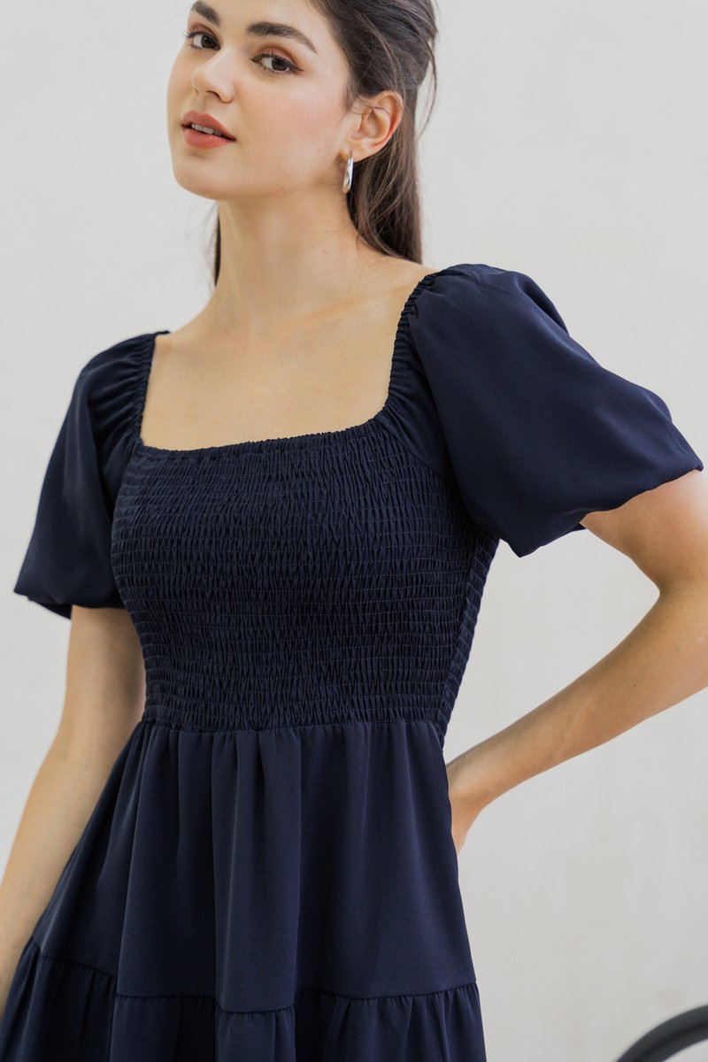 Sersha Smocked Tier Dress In Navy (XS)