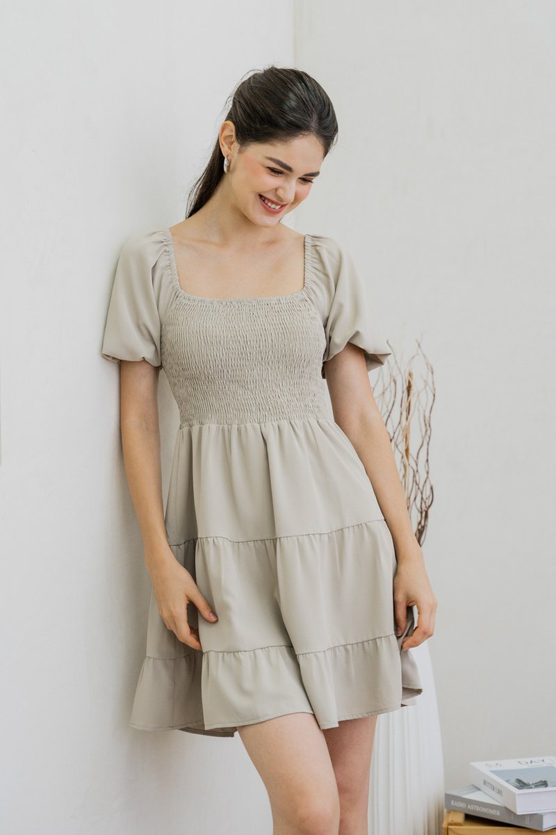 Sersha Smocked Tier Dress In Muted Sage (XS)