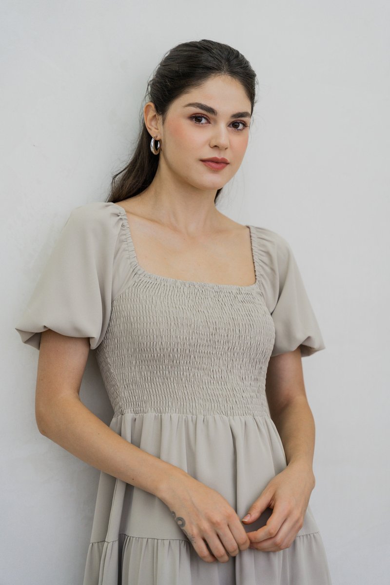 Sersha Smocked Tier Dress In Muted Sage (XS)