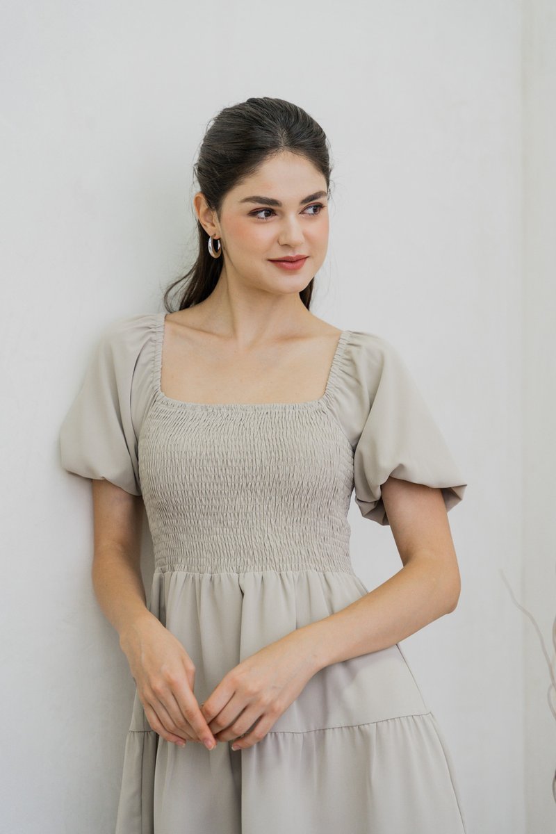 Sersha Smocked Tier Dress In Muted Sage (XS)