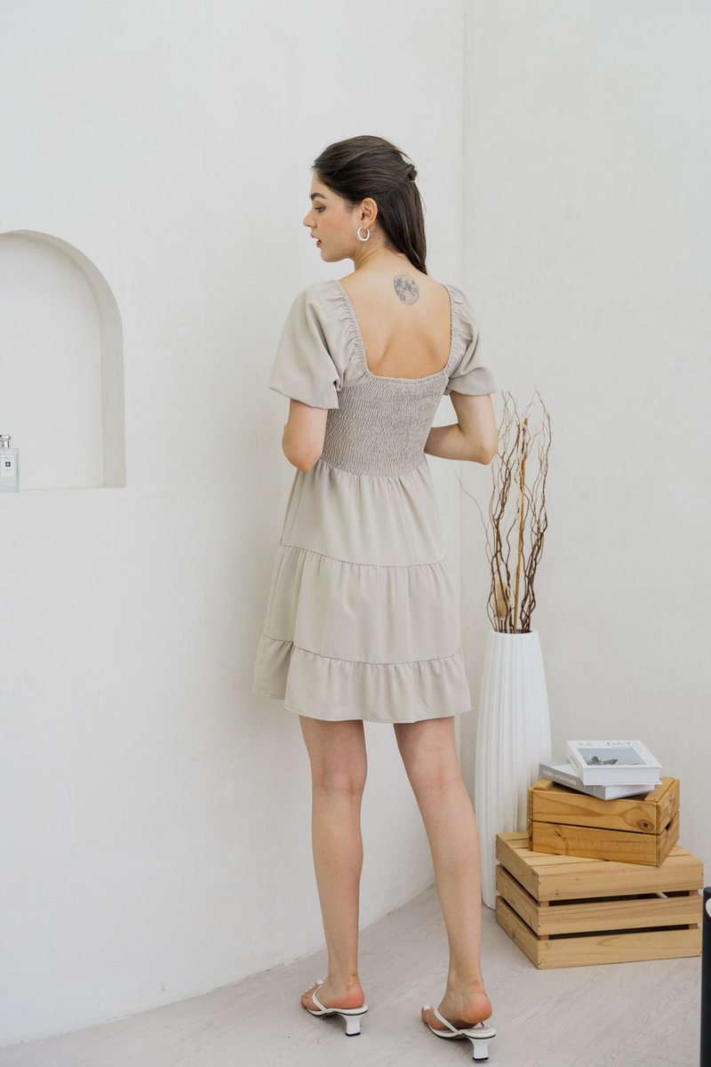Sersha Smocked Tier Dress In Muted Sage (XS)