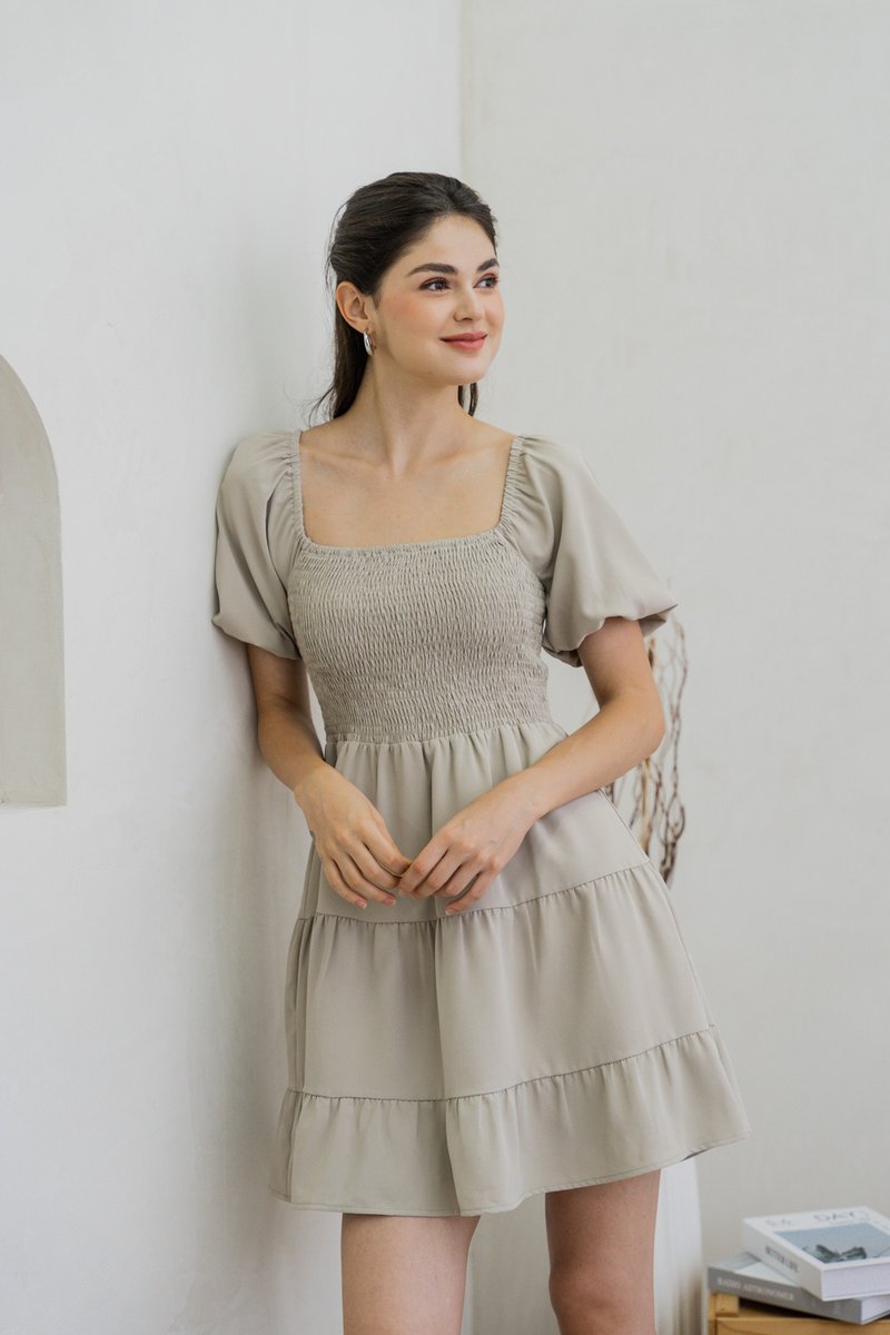 Sersha Smocked Tier Dress In Muted Sage (XS)