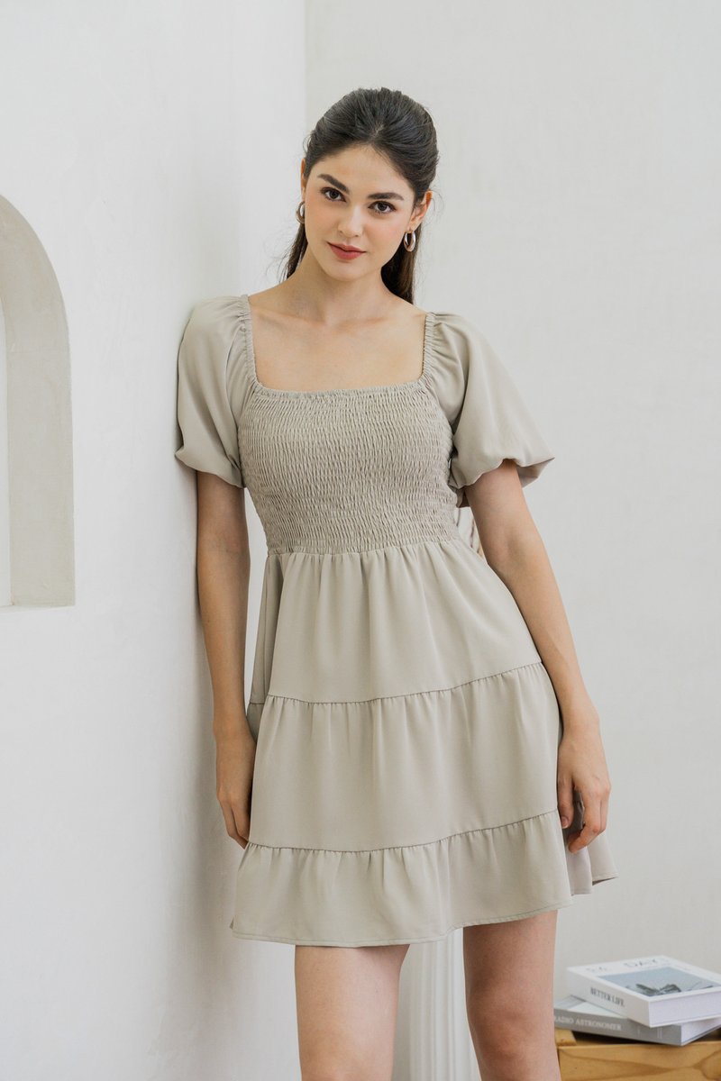 Sersha Smocked Tier Dress In Muted Sage (XS)
