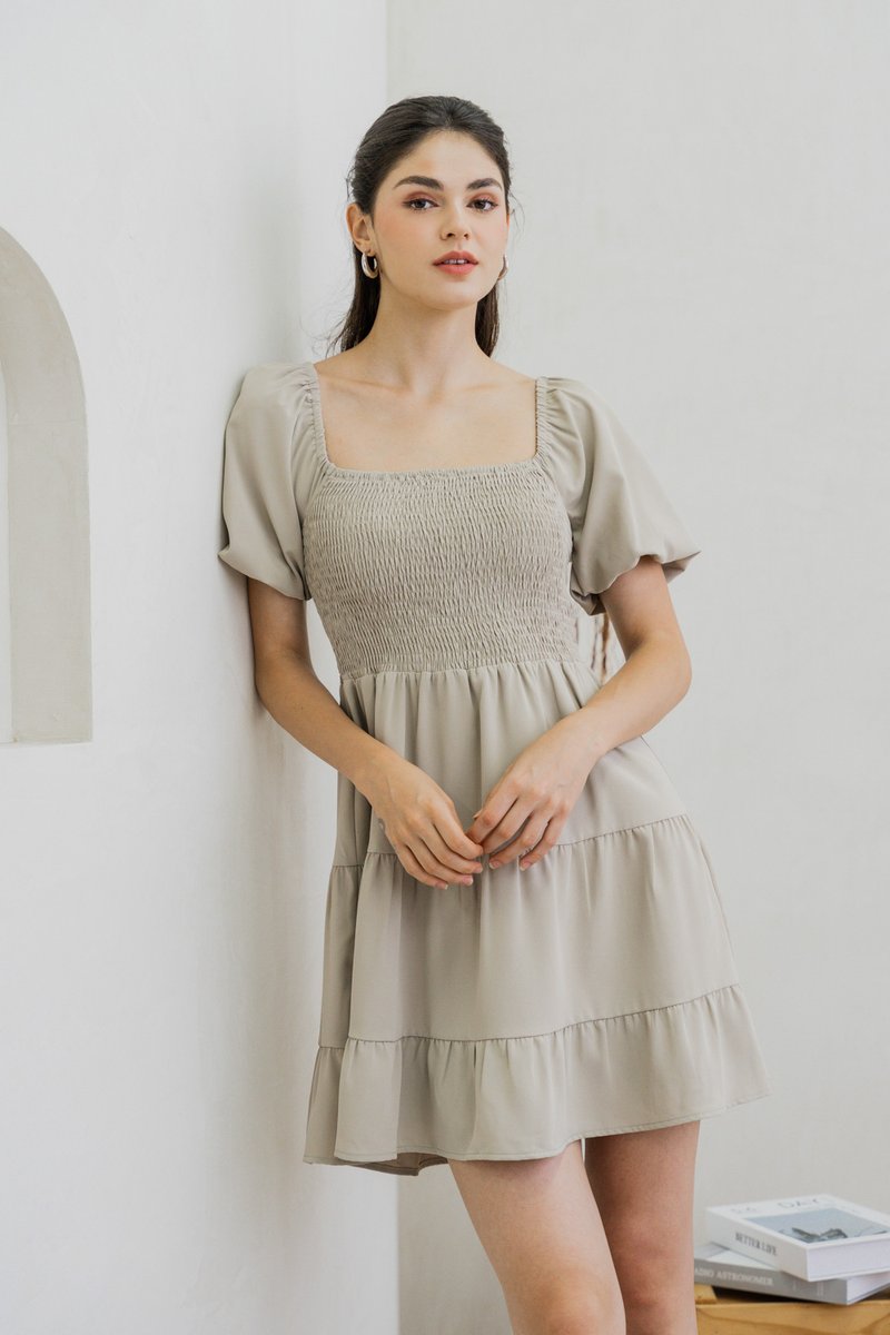 Sersha Smocked Tier Dress In Muted Sage (XS)