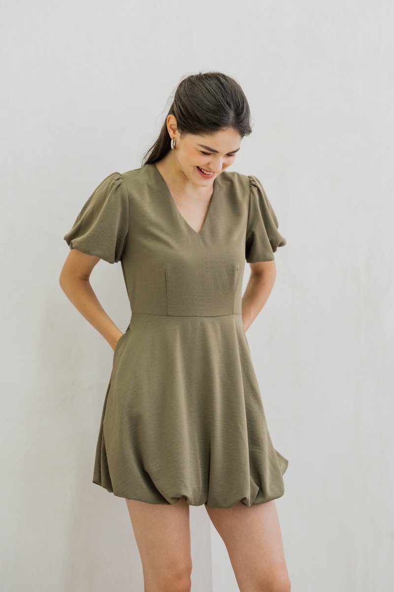 Belva Bubble Hem Dress In Olive (XS)