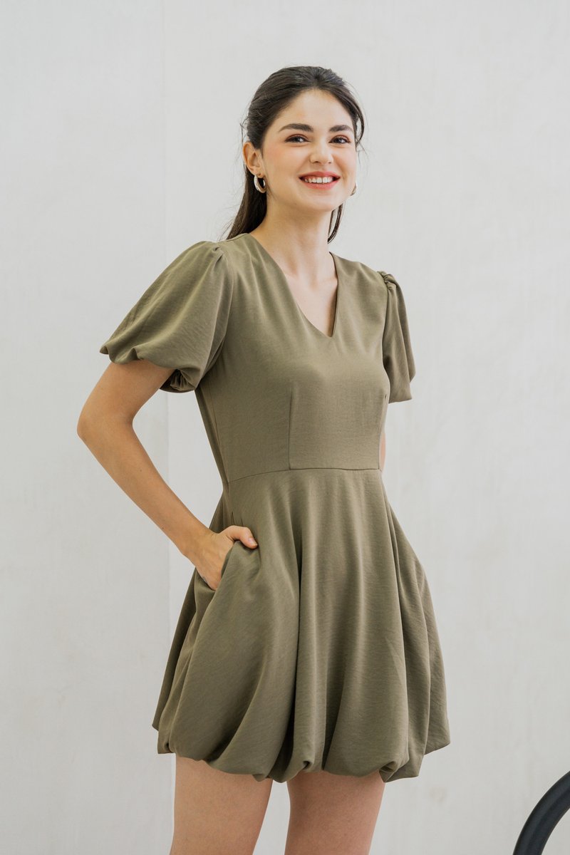 Belva Bubble Hem Dress In Olive (XS)