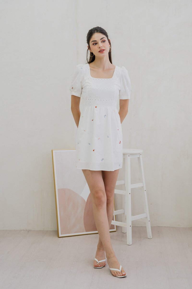 Brynn Mini Floral Embroidery Eyelet Dress In White (XS)