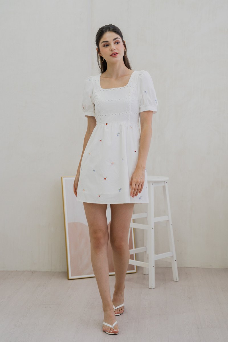 Brynn Mini Floral Embroidery Eyelet Dress In White (XS)