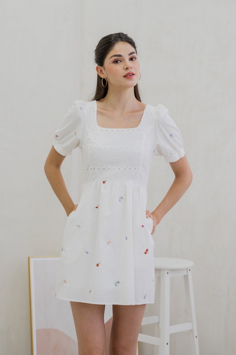 Brynn Mini Floral Embroidery Eyelet Dress In White (XS)