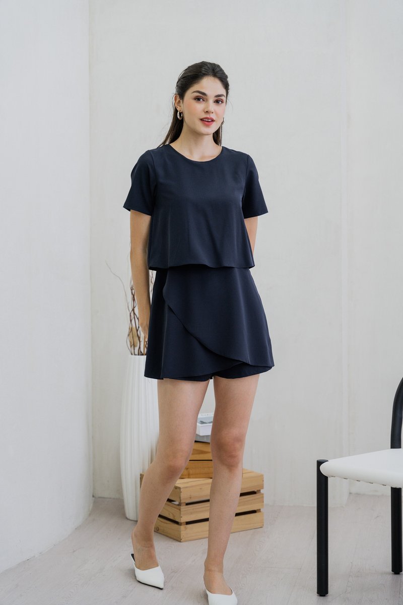 Ronda Layered Sleeved Romper In Navy (XS)
