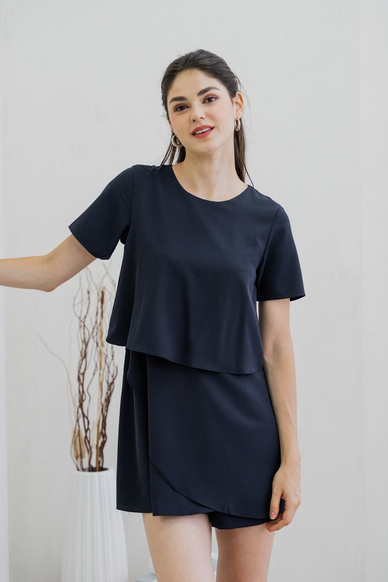 Ronda Layered Sleeved Romper In Navy (XS)