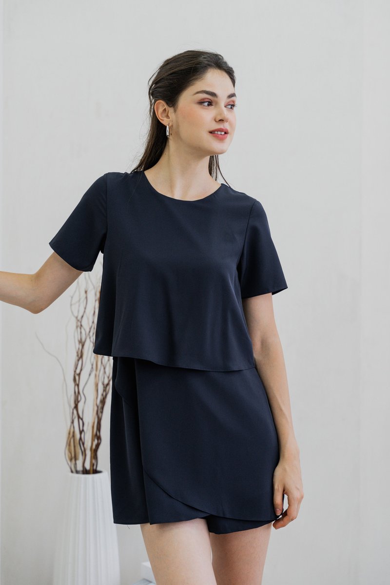 Ronda Layered Sleeved Romper In Navy (XS)