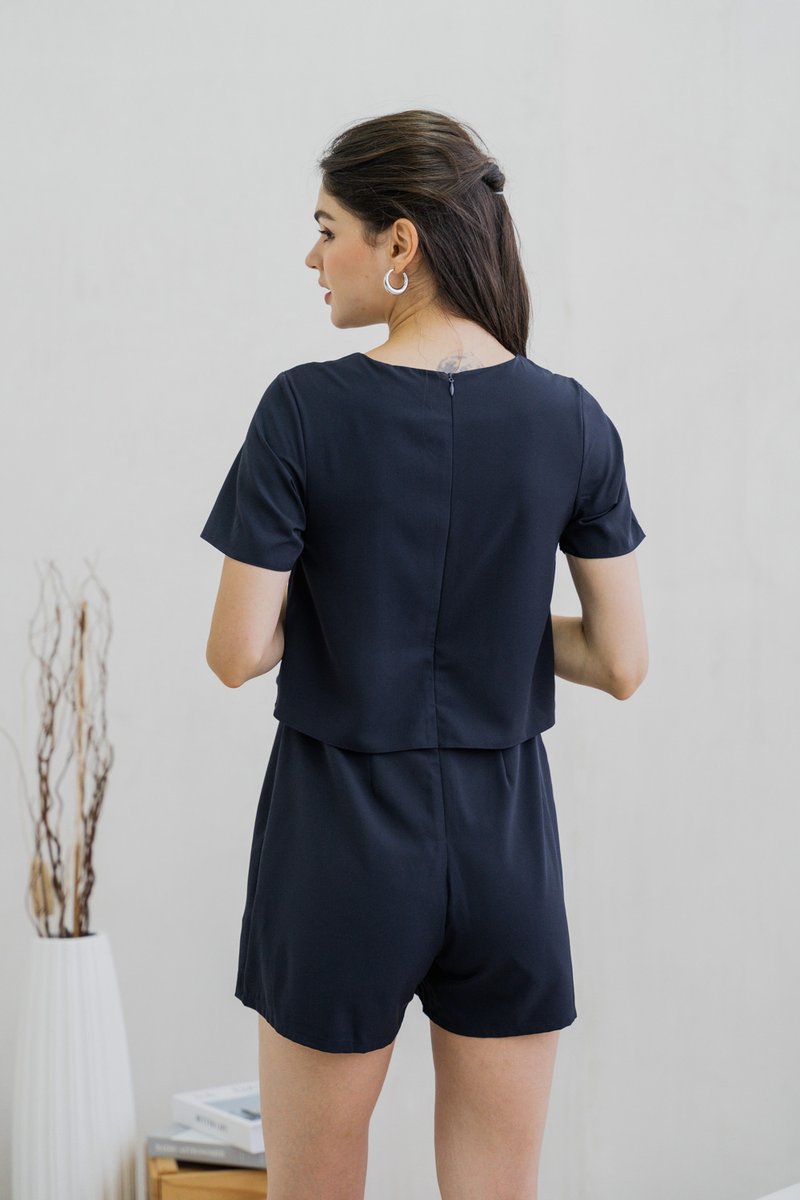 Ronda Layered Sleeved Romper In Navy (XS)
