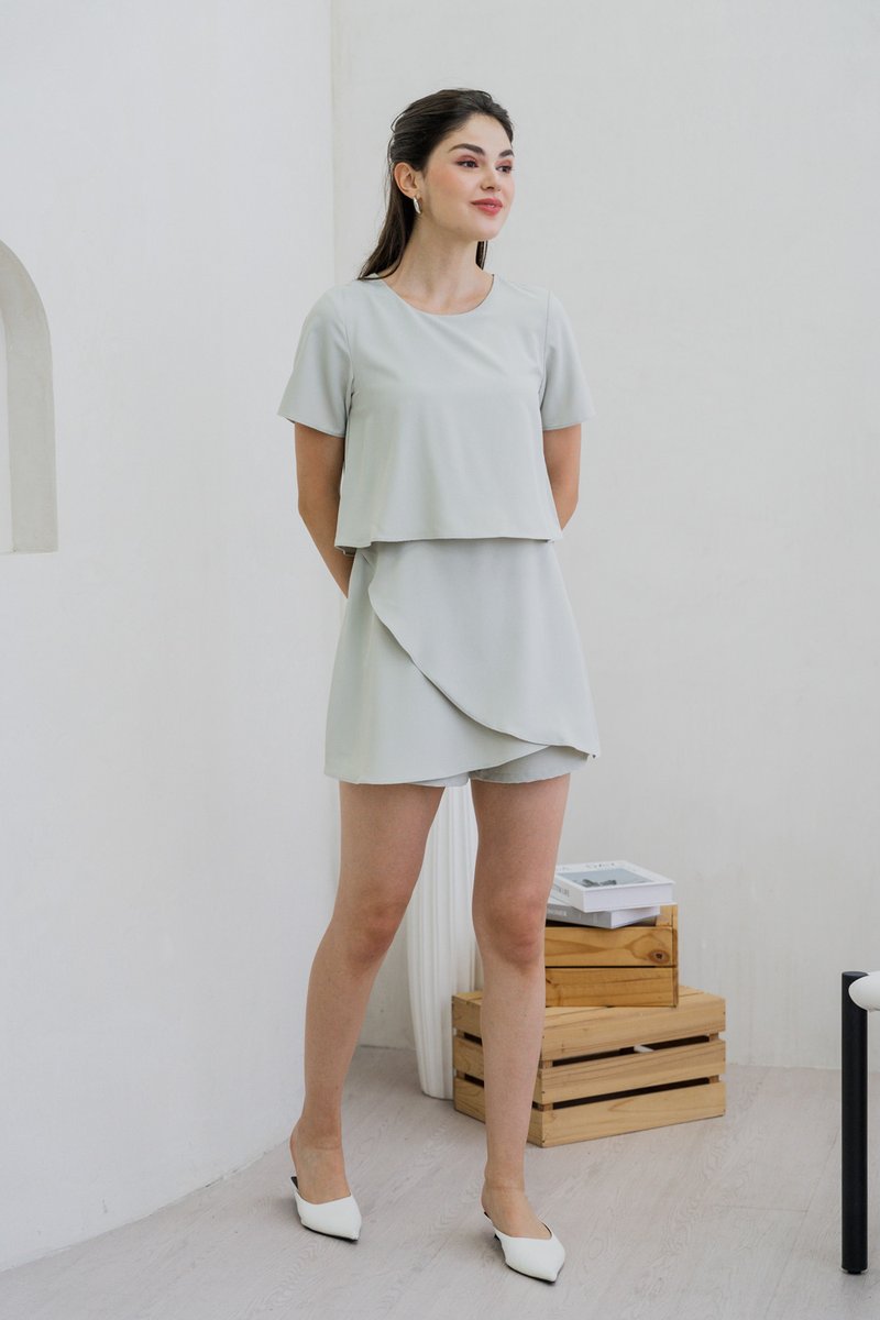Ronda Layered Sleeved Romper In Sage