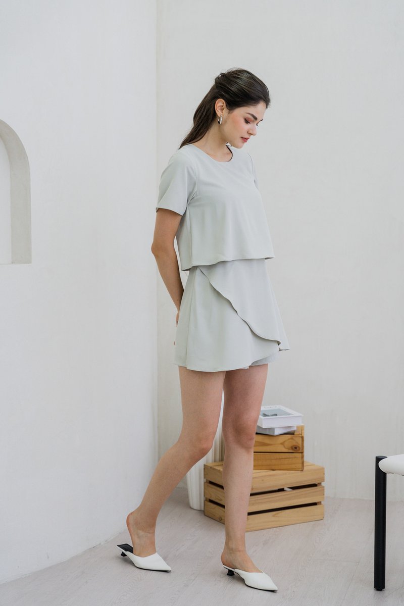 Ronda Layered Sleeved Romper In Sage