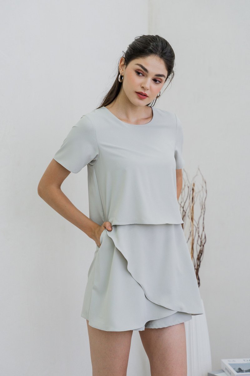Ronda Layered Sleeved Romper In Sage