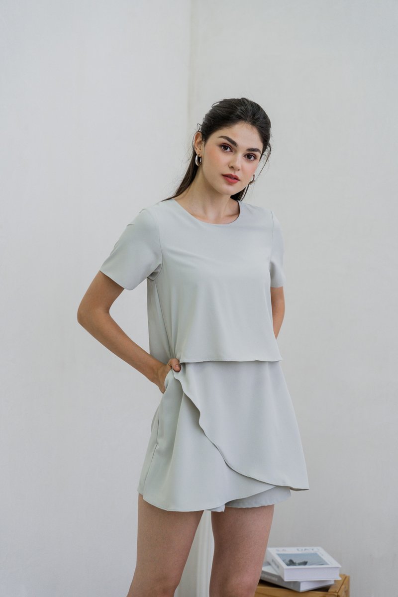 Ronda Layered Sleeved Romper In Sage