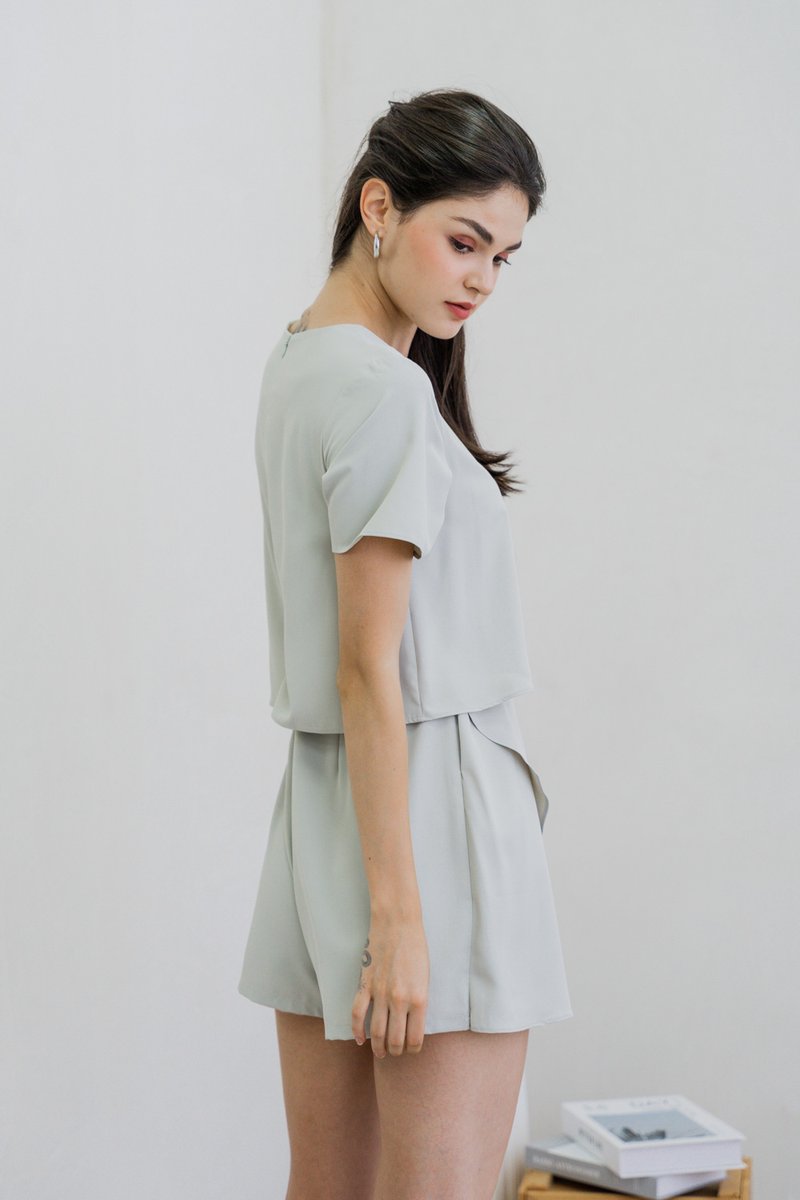 Ronda Layered Sleeved Romper In Sage