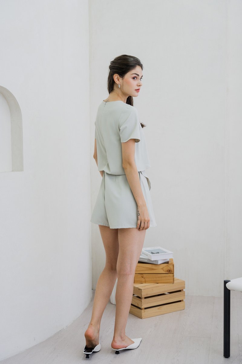 Ronda Layered Sleeved Romper In Sage