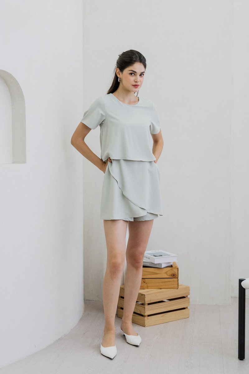 Ronda Layered Sleeved Romper In Sage