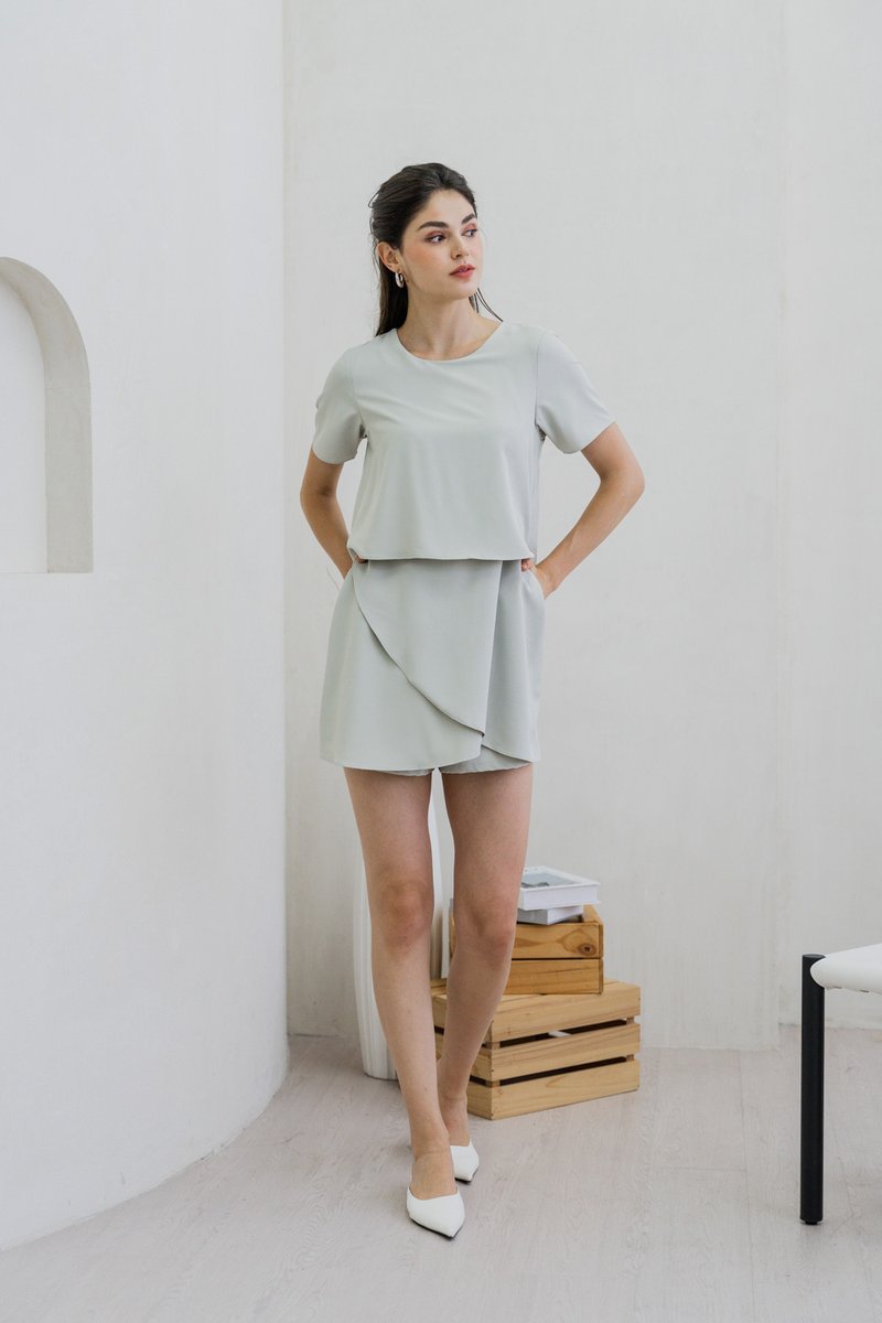 Ronda Layered Sleeved Romper In Sage