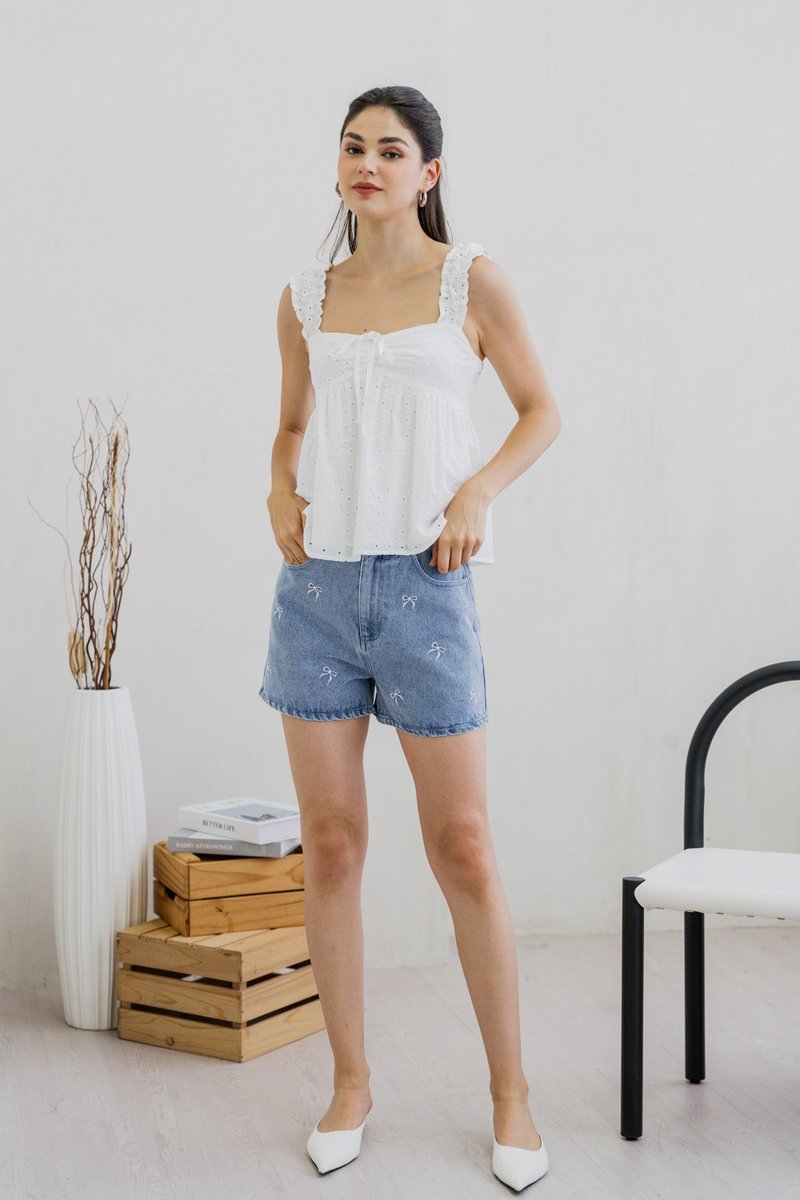 Crishelle Eyelet Ribbon Top In White (XL)
