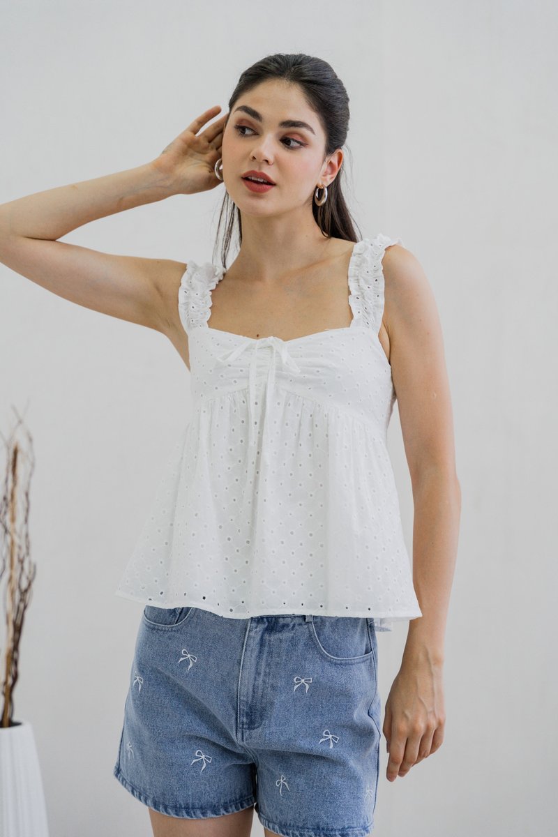 Crishelle Eyelet Ribbon Top In White (XL)