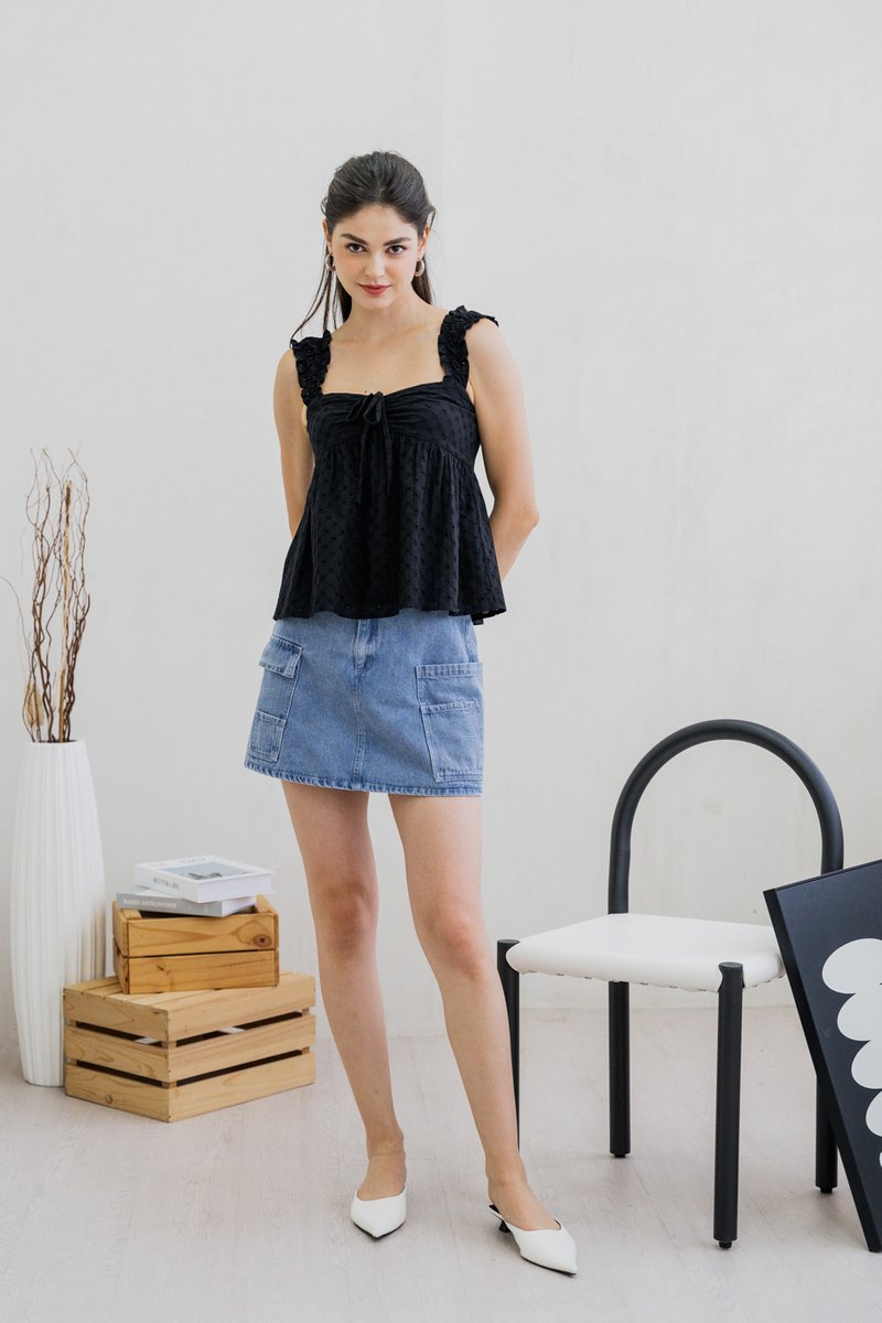 Crishelle Eyelet Ribbon Top In Black (XS)