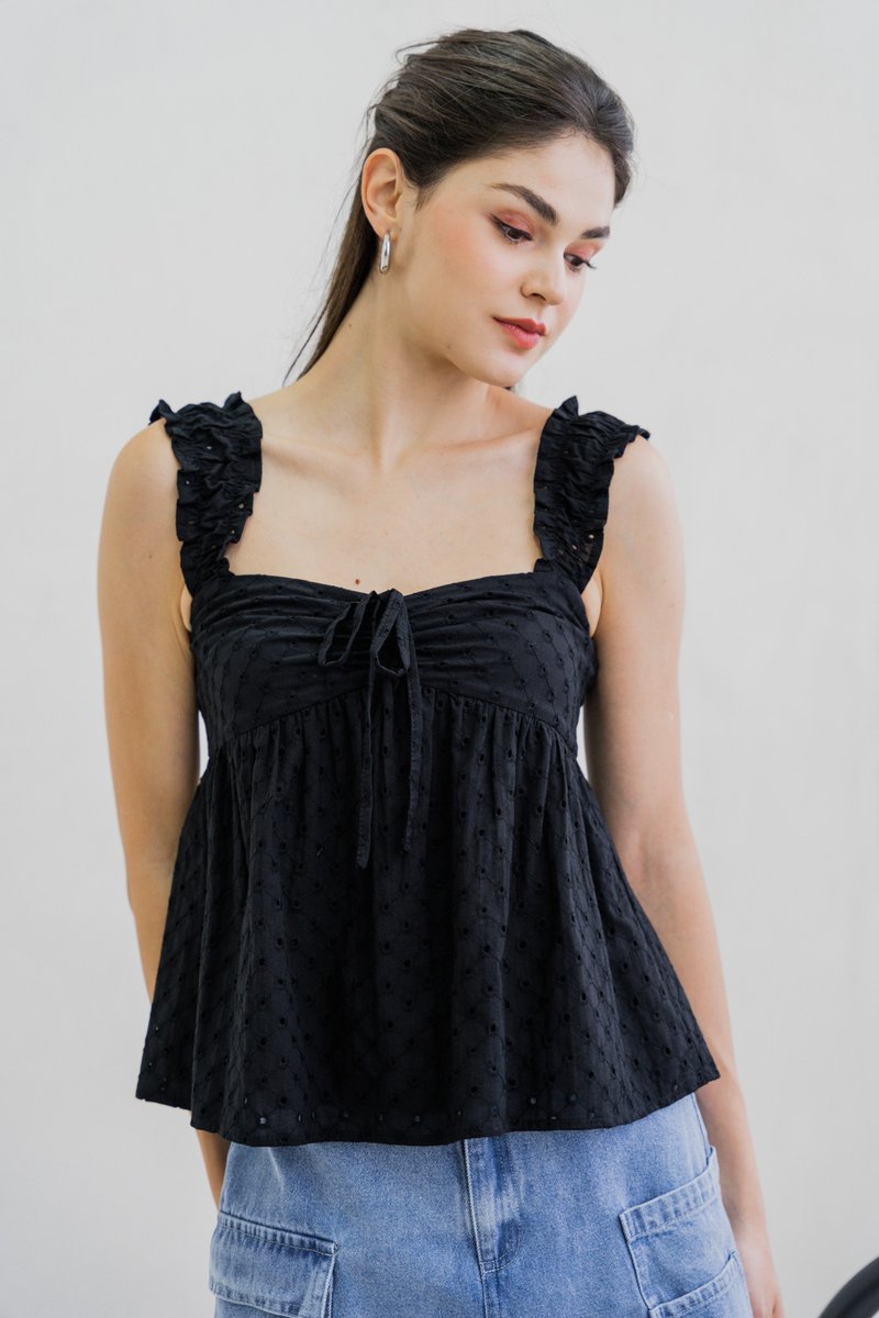 Crishelle Eyelet Ribbon Top In Black (XS)