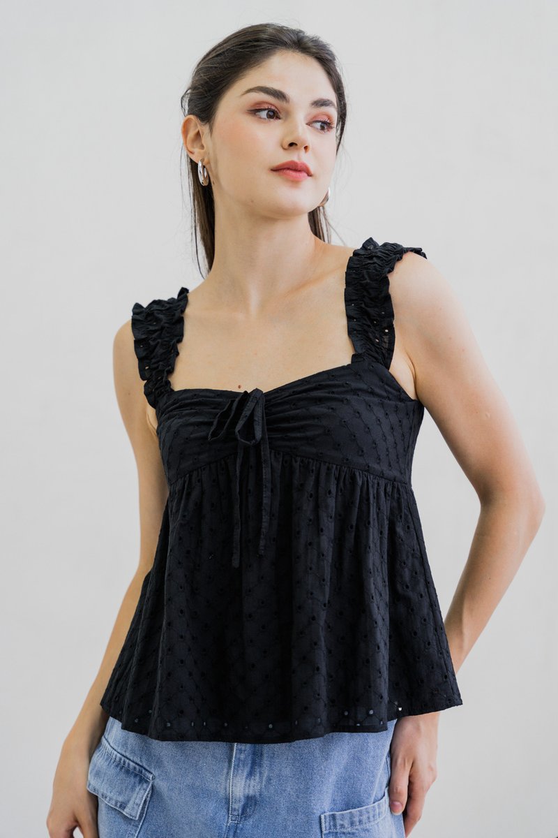 Crishelle Eyelet Ribbon Top In Black (XS)