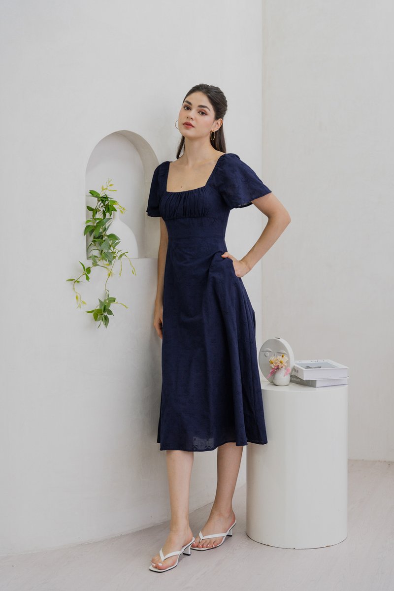 Avril Ribbon Embroidered Maxi Dress In Navy (XS)