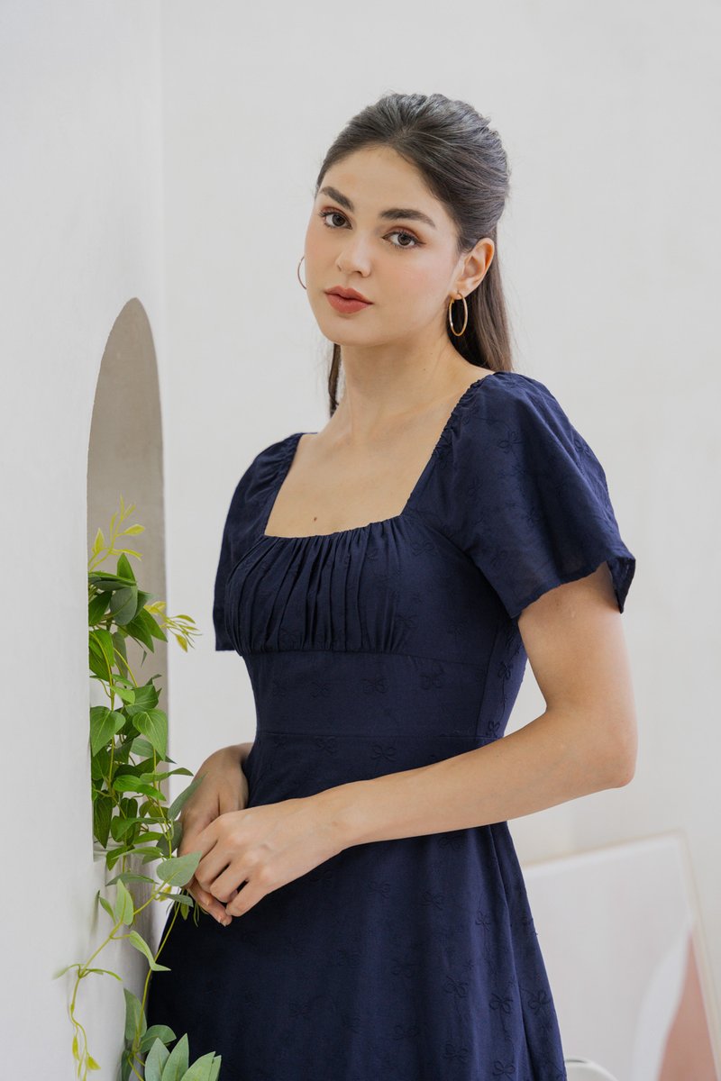 Avril Ribbon Embroidered Maxi Dress In Navy (XS)