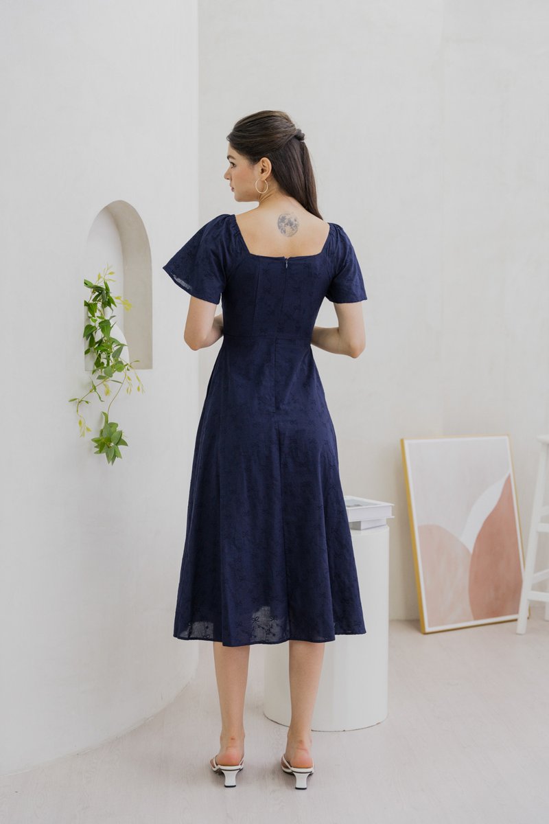 Avril Ribbon Embroidered Maxi Dress In Navy (XS)
