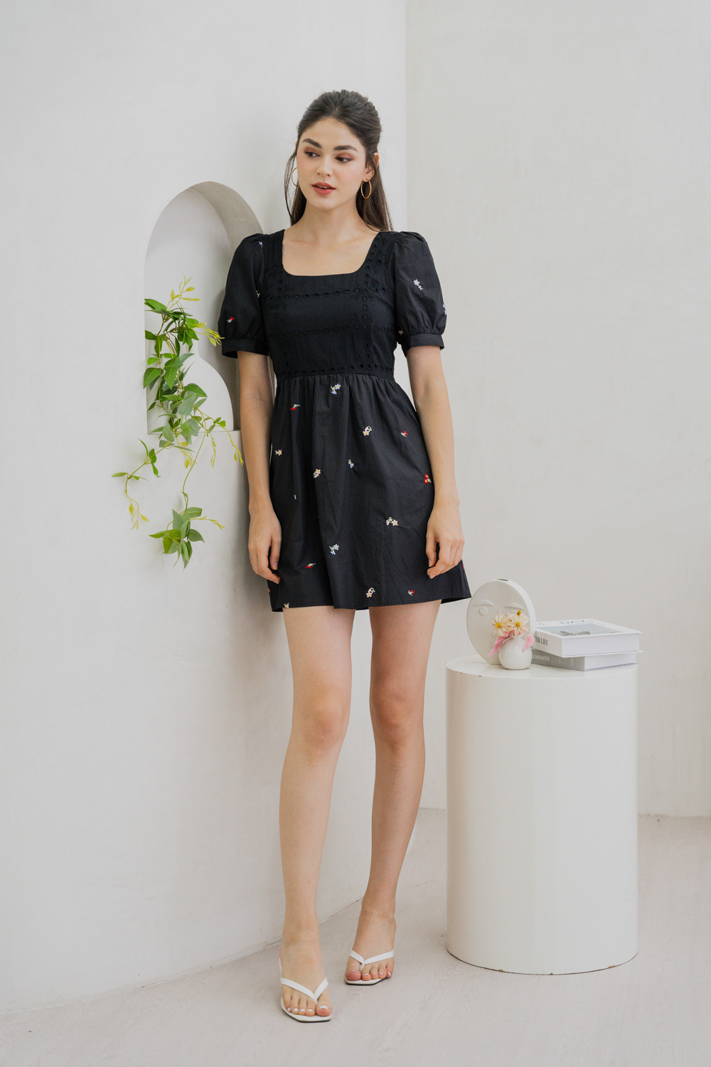 Brynn Mini Floral Embroidery Eyelet Dress In Black Brynn Mini Floral Embroidery Eyelet Dress In Black
