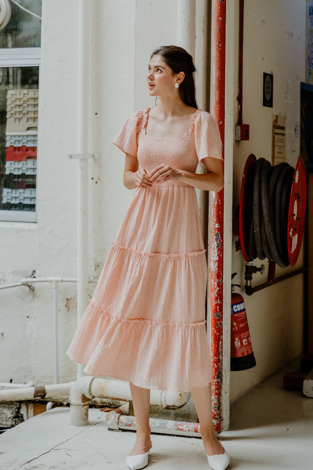 Peach tea length dress on sale
