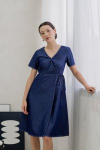 Finn Faux Wrap Midi Dress In Denim Blue
