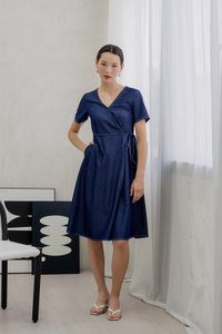 Finn Faux Wrap Midi Dress In Denim Blue