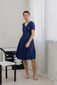 Finn Faux Wrap Midi Dress In Denim Blue