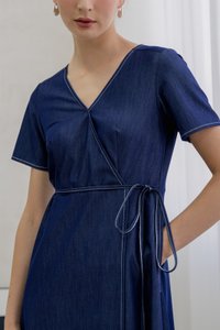 Finn Faux Wrap Midi Dress In Denim Blue