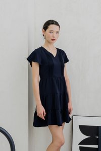 Vivi Pleated Tiered Dress In Navy (XS)